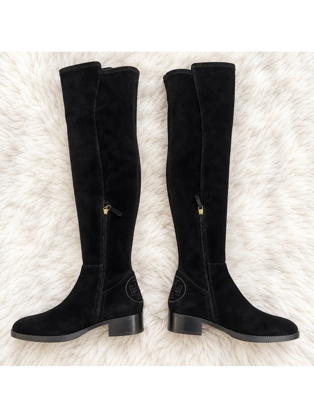 Tory Burch Over The Knee Boots Womens 7 Black Suede Leather Logo Riding Boots